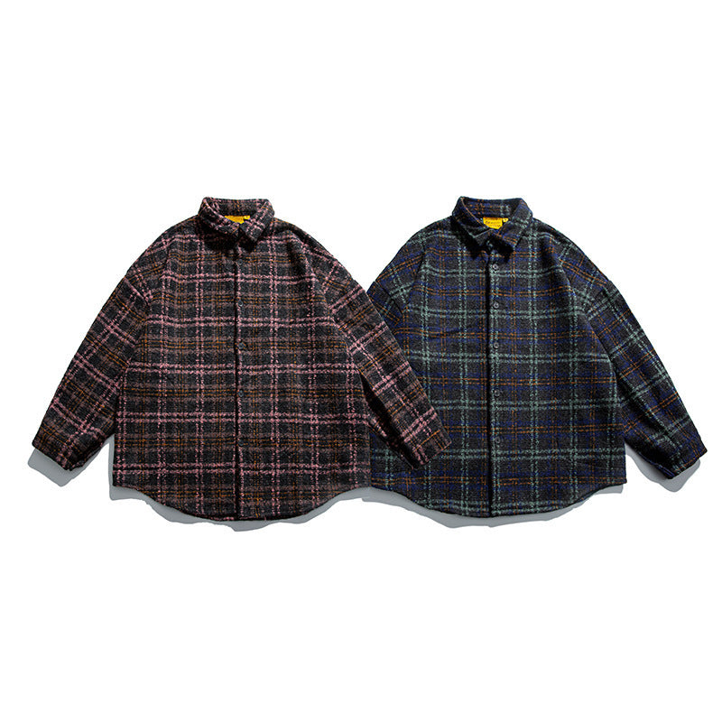 Unisex Bouclé-Karo Hemdjacke mit gesteppter Fütterung, abgerundetem Saum und Hemdkragen Shop Nory