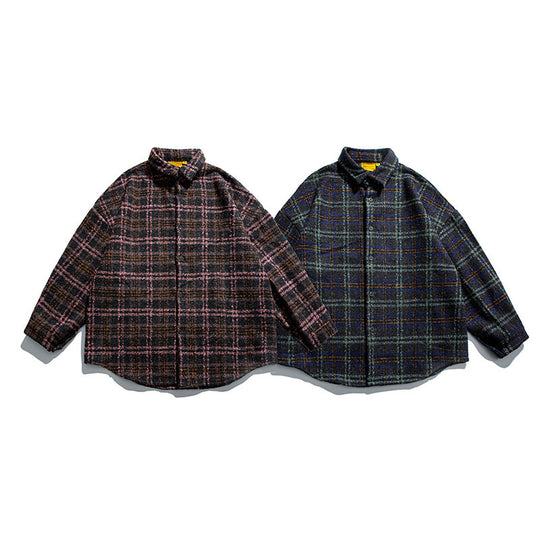 Unisex Bouclé-Karo Hemdjacke mit gesteppter Fütterung, abgerundetem Saum und Hemdkragen Shop Nory