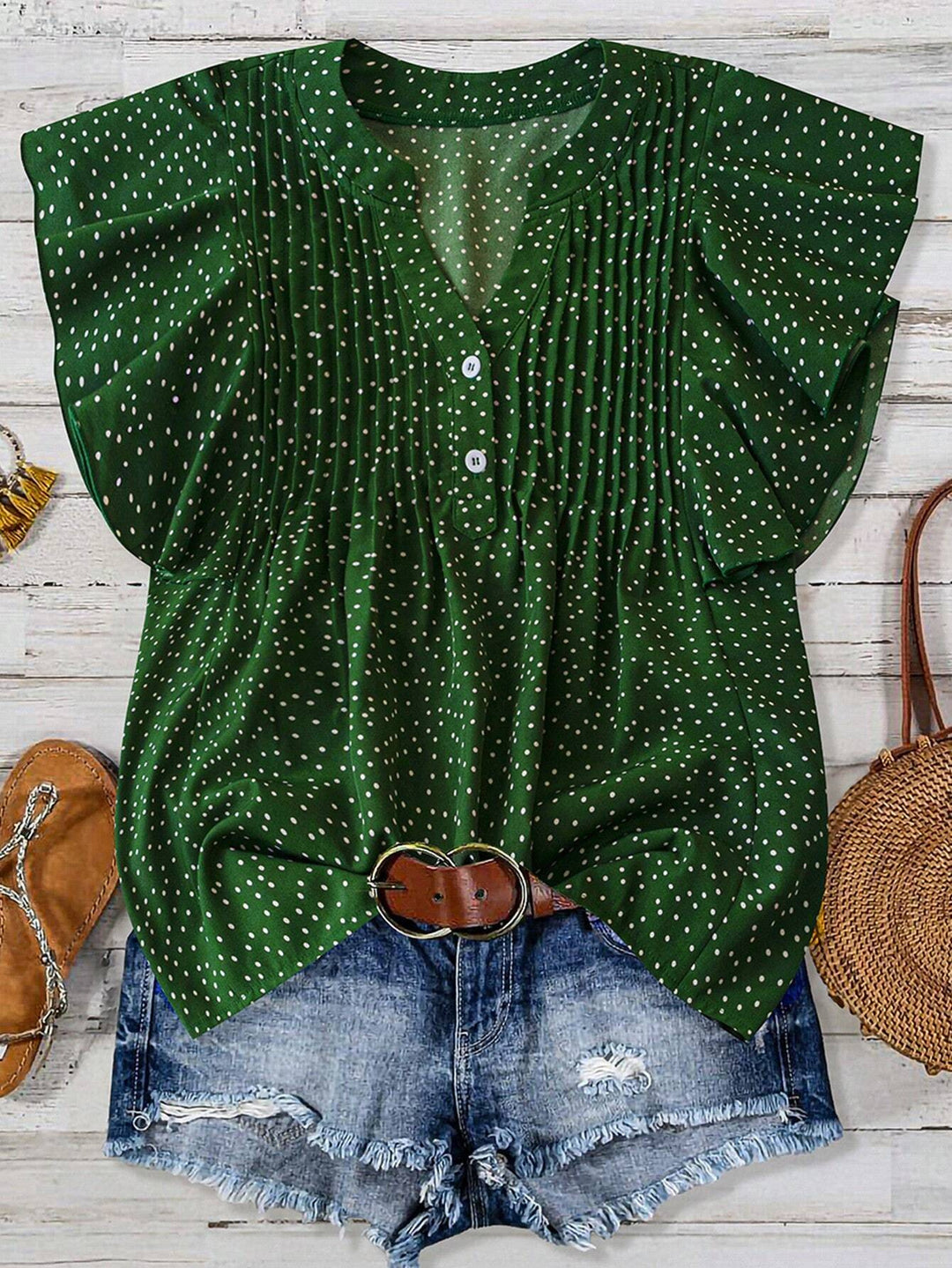 Damen Geknöpfte V-Ausschnitt Bluse mit Kellerfalten und Flügelärmeln Shop Nory