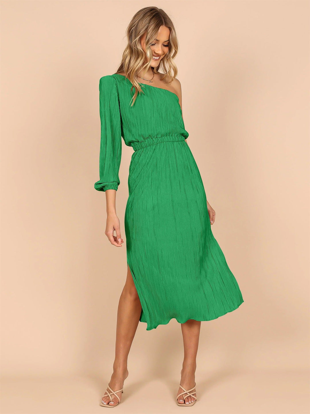 Damen Asymmetrisches Plisseekleid mit Taillengürtel