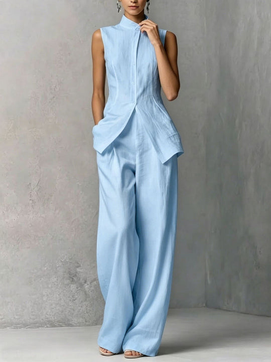 Damen Ärmelloser Leinen-Jumpsuit mit Stehkragen und weitem Bein Shop Nory