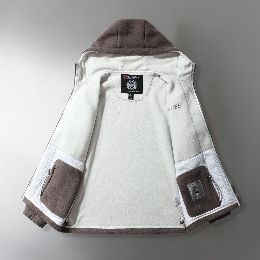 Herren Microfleece-Outdoorjacke mit Kapuze, windabweisender Struktur und Logo-Patch Shop Nory