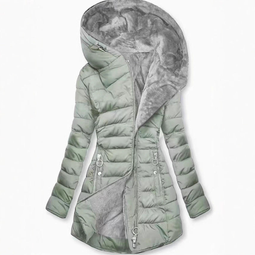 Damen Taillierter Steppmantel mit Oversize-Kapuze, kuscheligem Teddyfutter und Zierringen am Reißverschluss Shop Nory