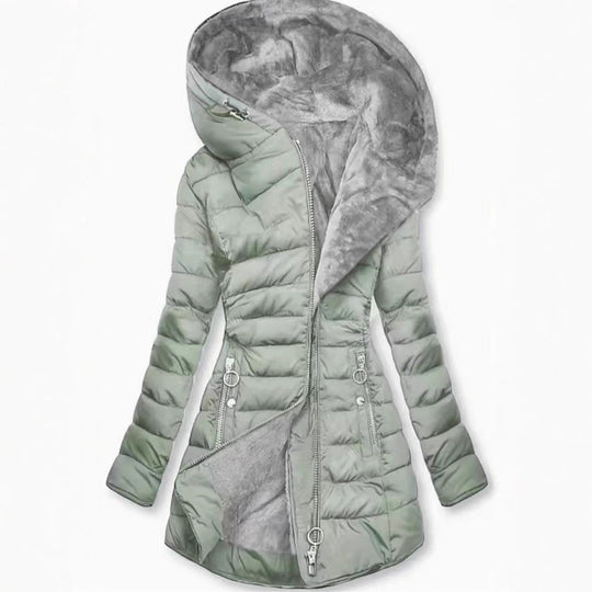 Damen Taillierter Steppmantel mit Oversize-Kapuze, kuscheligem Teddyfutter und Zierringen am Reißverschluss Shop Nory