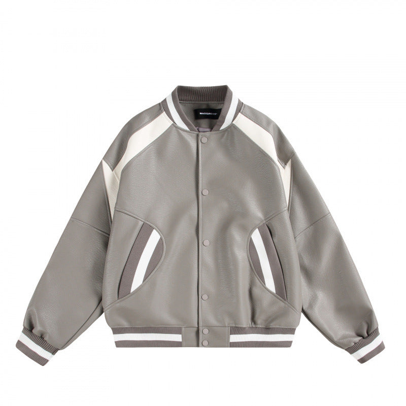 Unisex Boxy Oversize Kunstleder‑Bomberjacke mit Kontrastpaneelen und Rippenbündchen Shop Nory
