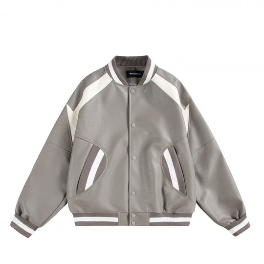 Unisex Boxy Oversize Kunstleder‑Bomberjacke mit Kontrastpaneelen und Rippenbündchen Shop Nory