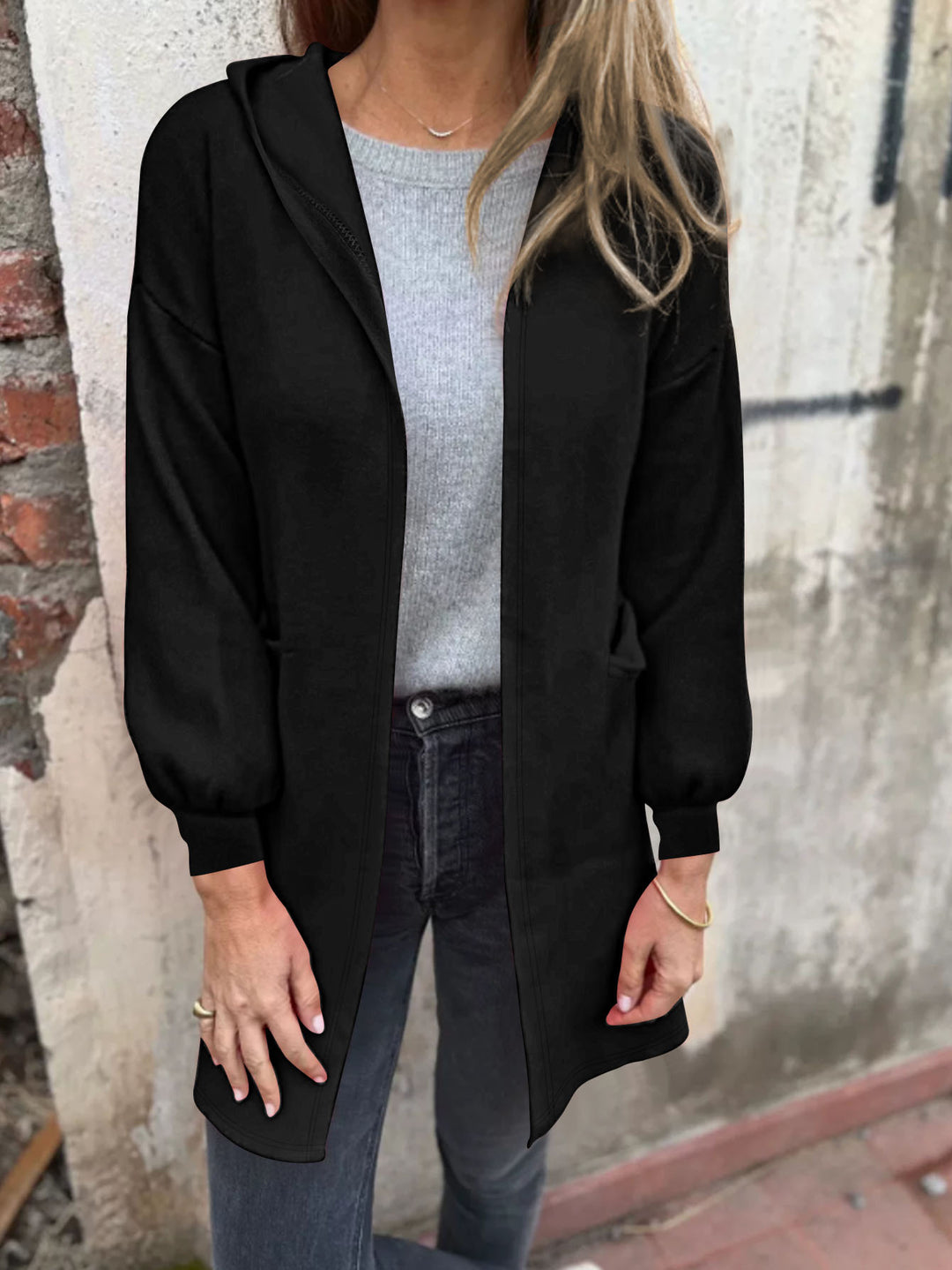 Damen Offener Longblazer mit Kapuze und Eingrifftaschen Shop Nory