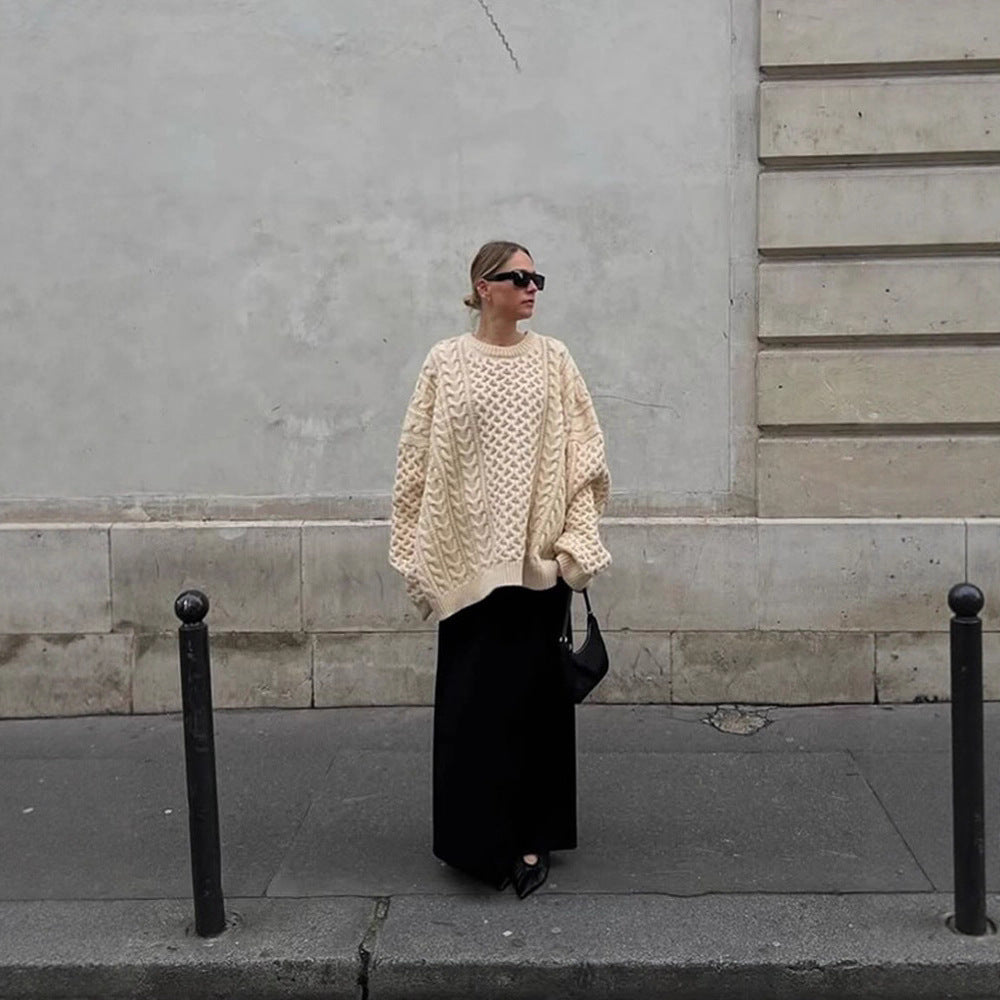 Damen Oversized Grobstrickpullover mit Zopfmuster und weiten Ballonärmeln Shop Nory