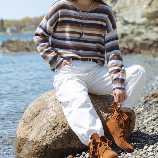 Damen Gestreifter Strickpullover mit Polokragen & Knopfleiste Shop Nory