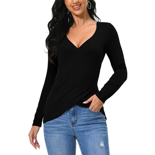 Damen figurbetontes Wickelshirt mit tiefem V‑Ausschnitt und überlappendem Saum Shop Nory