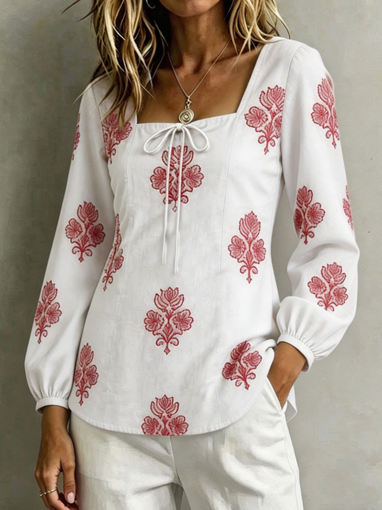 Damen Bestickte Tunika-Bluse mit quadratischem Ausschnitt und femininen Ballonärmeln Shop Nory