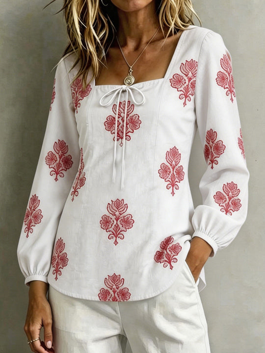 Damen Bestickte Tunika-Bluse mit quadratischem Ausschnitt und femininen Ballonärmeln Shop Nory