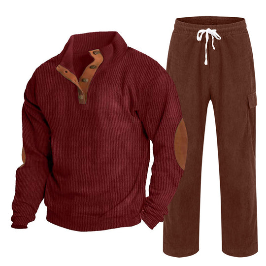 Herren Gemütliches Freizeit-Set aus Waffelstrick-Henley mit Ellenbogenpatch und Relax-Cargo-Hose Shop Nory