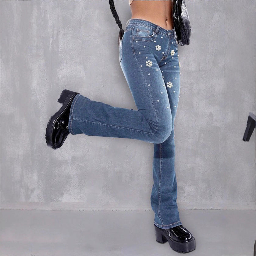 Damen schmale Bootcut-Jeans mit Perlen- und Blumenapplikationen Shop Nory