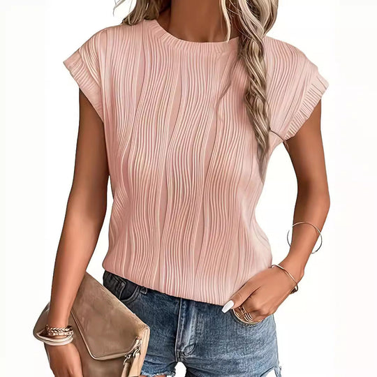 Damen Plissee-T-Shirt mit kurzem Ärmel und hohem Rundhalsausschnitt