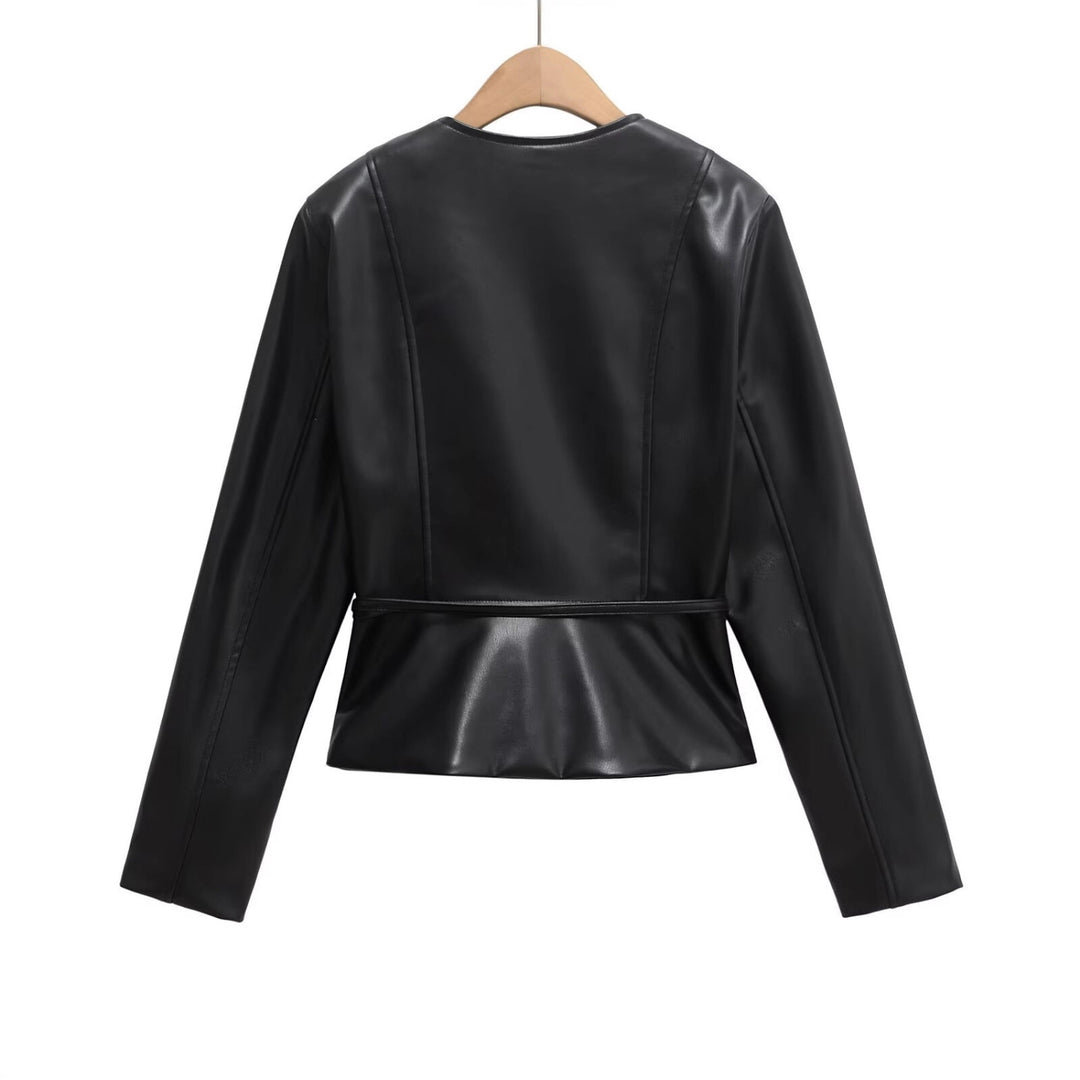 Damen Kollierlose Kunstlederjacke mit Reißverschluss und Taillenband Shop Nory