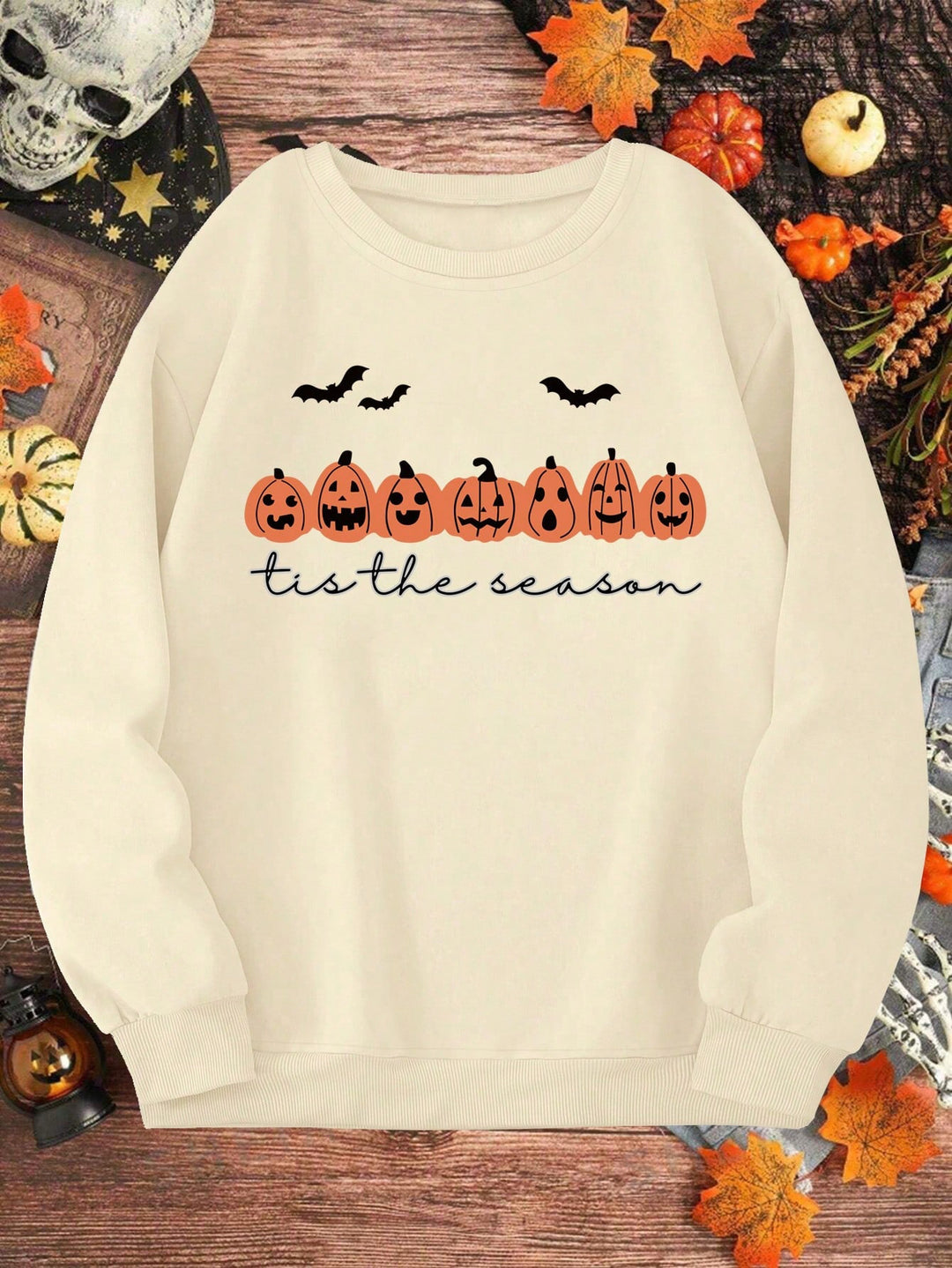 Damen Oversize Sweatshirt mit Halloween-Kürbis-Print und Rundhalsausschnitt Shop Nory