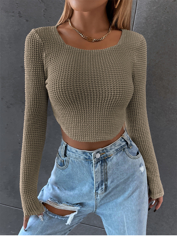 Damen Figurbetontes Cropped‑Waffel‑Stricktop mit U‑Boot‑Ausschnitt Shop Nory