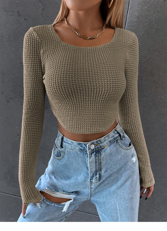 Damen Figurbetontes Cropped‑Waffel‑Stricktop mit U‑Boot‑Ausschnitt Shop Nory
