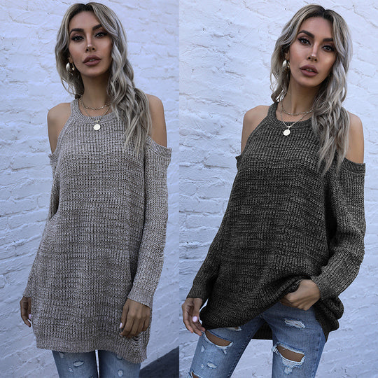 Damen Schulterfreier Grobstrickpullover mit Cut-Out-Detail, Oversize-Passform und geripptem Saum Shop Nory