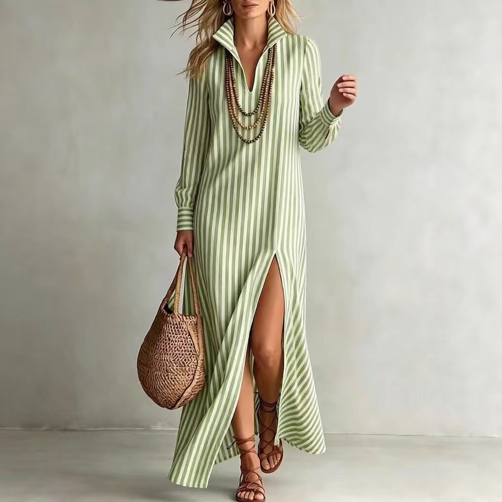 Damen Langes Hemdkleid im Streifen-Look mit Kragen, langen Ärmeln und hohem Beinschlitz Shop Nory