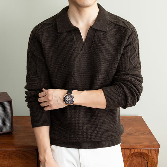 Herren Polo-Pullover mit strukturiertem Waffelstrick und Zopfmuster-Ärmeln Shop Nory
