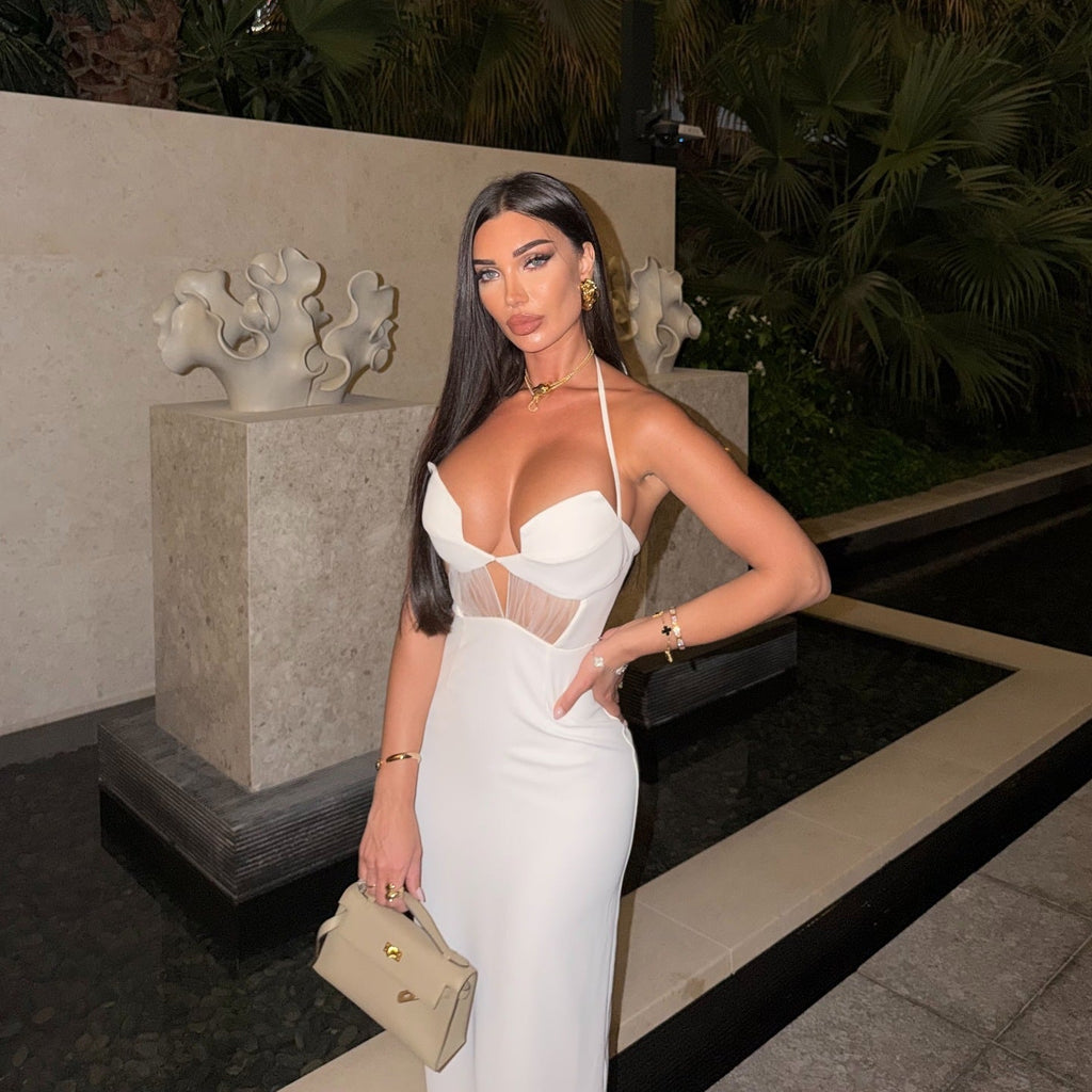 Damen elegantes Cut-Out Maxikleid mit tiefem V-Ausschnitt und transparenten Akzenten