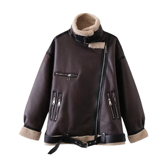 Damen Gefütterte Fliegerjacke im Aviator‑Stil mit Teddyfutter und Reißverschluss Shop Nory