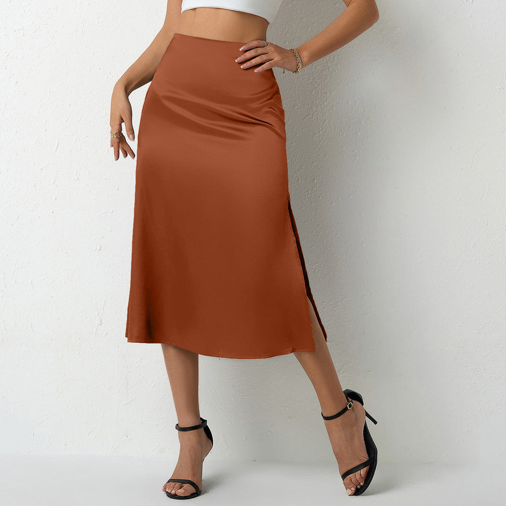 Damen eleganter Satin-Midirock mit fließendem Schnitt und hohem Bund