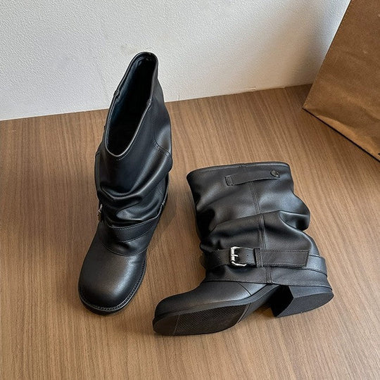 Damen Modische Stiefeletten mit lässigem Falten-Design und eleganter Schnallenverzierung Shopnory