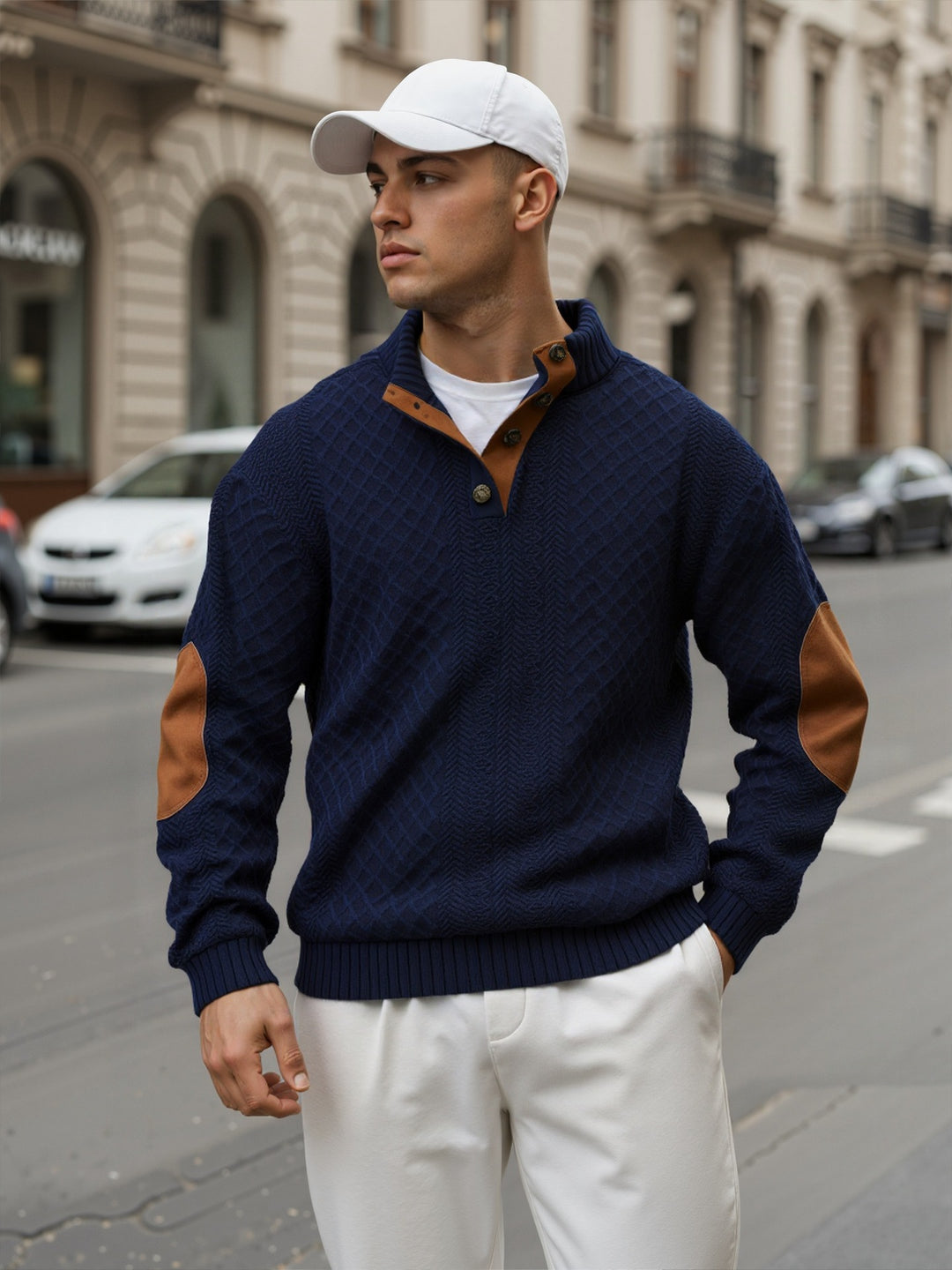 Herren Troyer-Pullover mit Stehkragen, strukturierter Strickoptik und Kontrast-Ellbogenpatches Shop Nory