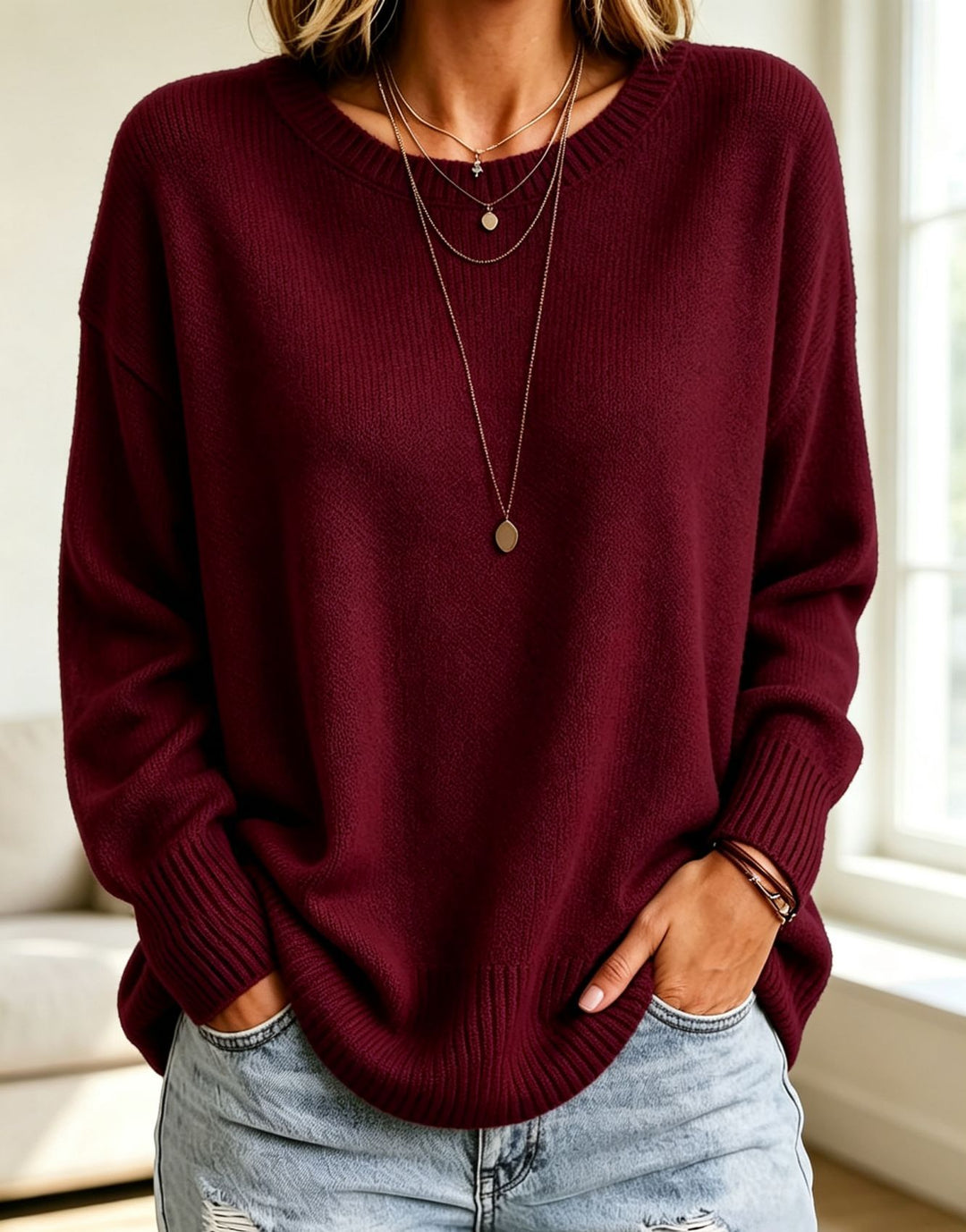 Damen Leichter Cashmere‑Touch Pullover mit Rundhalsausschnitt, überschnittener Schulter und gerippten Bündchen Shop Nory