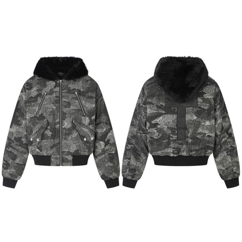Damen wattierte Bomberjacke mit Kunstfellkapuze, Rosen‑Jacquard und Zipper‑Details Shop Nory