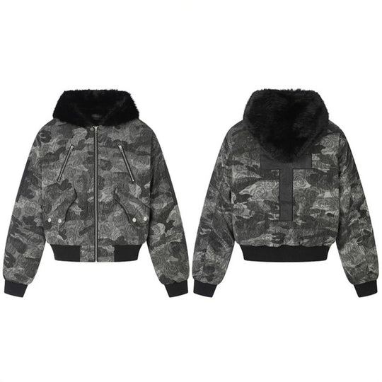 Damen wattierte Bomberjacke mit Kunstfellkapuze, Rosen‑Jacquard und Zipper‑Details Shop Nory