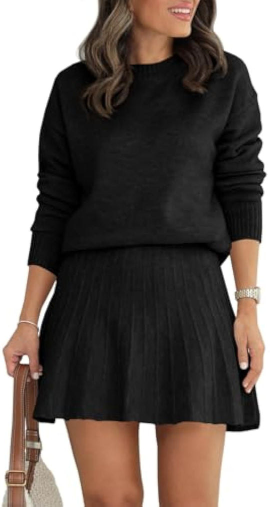 Damen Zweiteiliges Strick-Set mit Rundhals-Pullover und Plissée-Minirock Shop Nory