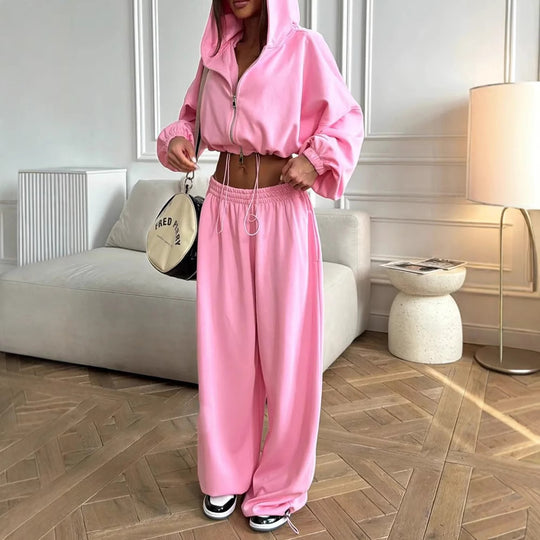 Damen Loungewear-Set Shop Nory mit tailliertem Kordelzug-Cropped-Hoodie und weiter High‑Waist Palazzo-Jogginghose