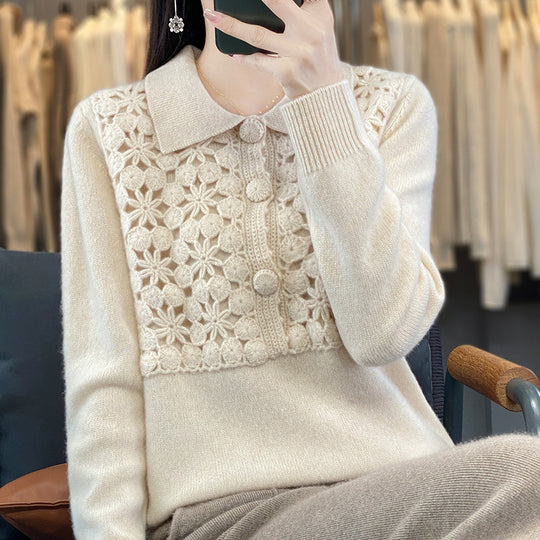 Damen Strickpullover mit gehäkelter Ajour‑Blende und Polokragen Shop Nory
