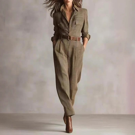 Damen kariertes tailliertes Overall mit Hemdkragen, Taillengürtel und Seitentaschen Shop Nory