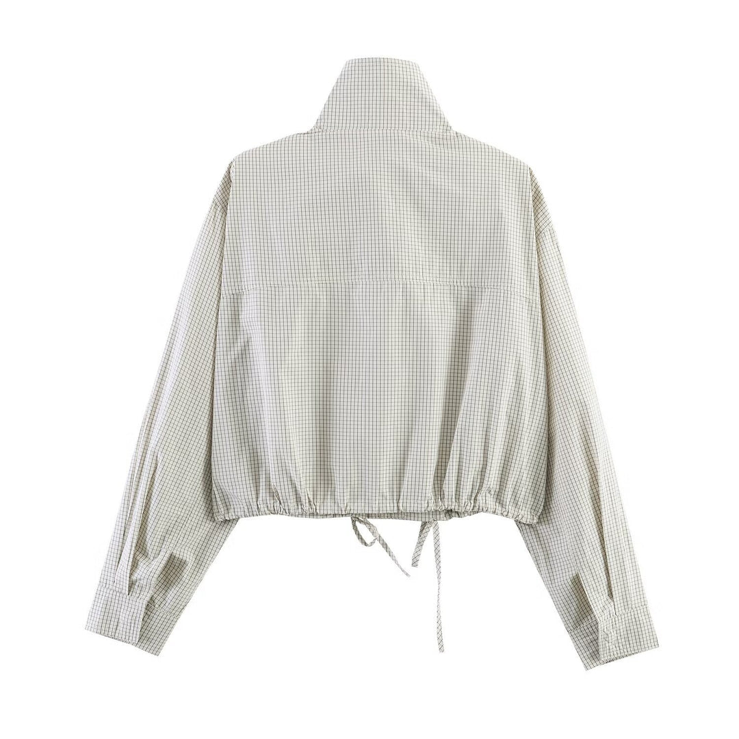 Damen Cropped Windjacke mit Stehkragen, Karo-Muster und Tunnelzug Shop Nory