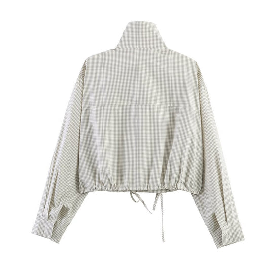 Damen Cropped Windjacke mit Stehkragen, Karo-Muster und Tunnelzug Shop Nory