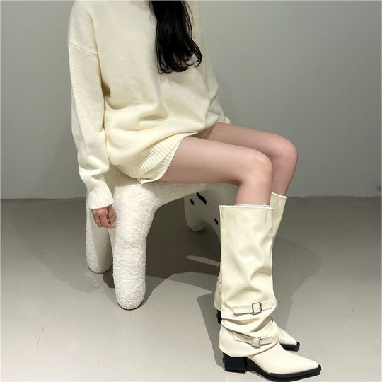 Damen Slouch-Kniehohe Stiefel mit spitzer Zehenform, dekorativen Schnallen und sculpted Blockabsatz Shop Nory