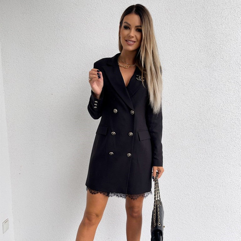 Damen eleganter Doppelknee-Blazer mit Spitzenbesatz