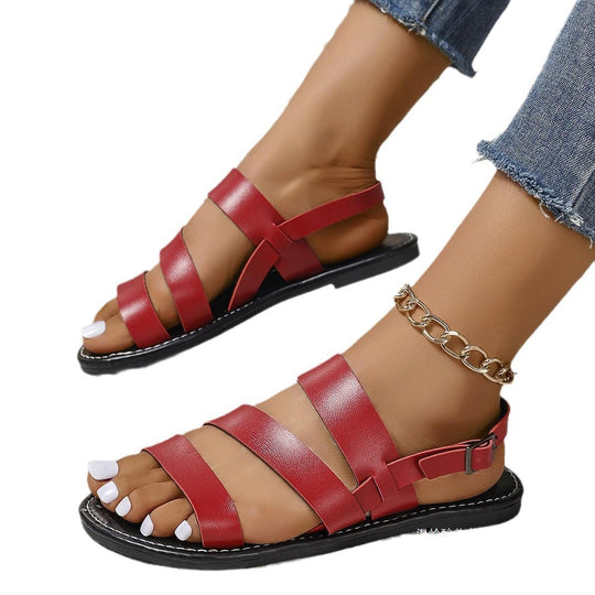 Damen Flache Lederoptik-Sandalen mit drei breiten Riemen, gepolstertem Komfortfußbett und verstellbarer Fersenlasche Shop Nory