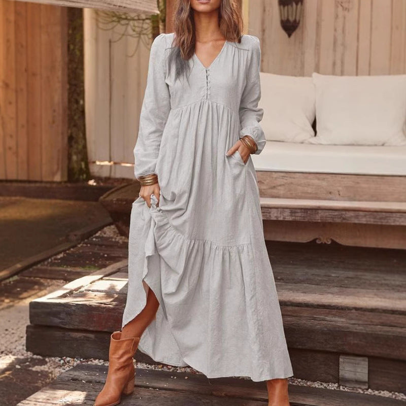 Damen Langes Stufenkleid aus Leinenmix mit V-Ausschnitt und Eingrifftaschen Shop Nory