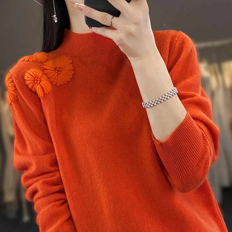 Damen Weicher Feinstrickpullover mit kurzem Stehkragen, 3D‑Blütenapplikation und gerippten Bündchen Shop Nory