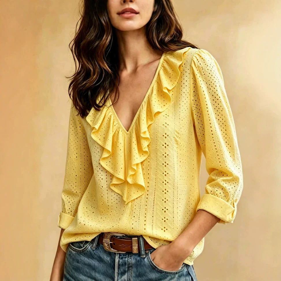 Damen nan luftige Ajourspitzenbluse mit V-Ausschnitt und Volant Shop Nory