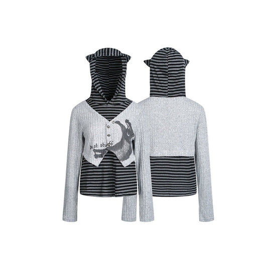 Damen Lagenlook-Kapuzenpullover mit gestreiftem Unterteil und kurzem Rippbolero Shop Nory