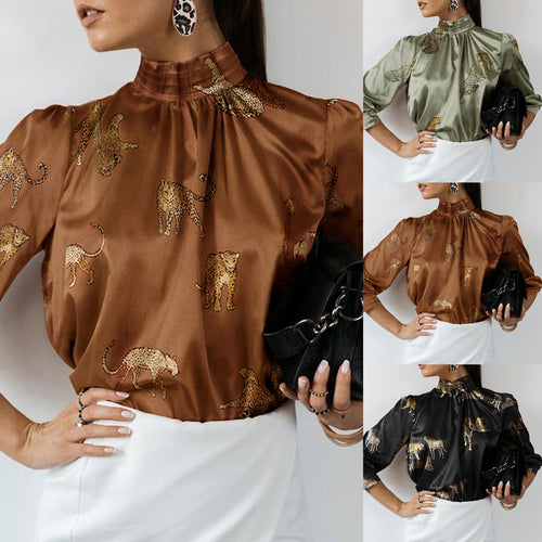 Damen Hochgeschlossenes Satinblusenshirt mit Stehkragen und Animal‑Print Shop Nory