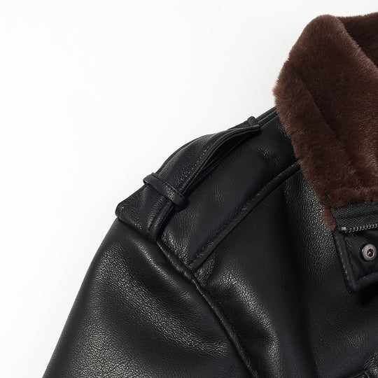 Damen Kurz geschnittene Fliegerjacke aus Kunstleder mit Teddy-Innenfutter, Umlegekragen und umschlagbaren Manschetten Shop Nory