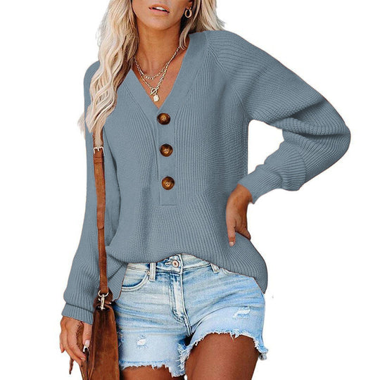 Damen Gerippter Strickpullover mit V‑Ausschnitt, Zierknopfleiste und Ballonärmeln Shop Nory